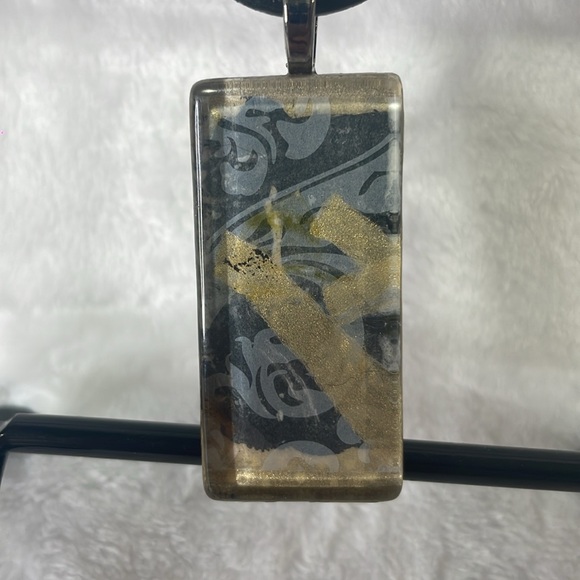 Art deco gold and blue glass pendant on leather strap. - Picture 2 of 3